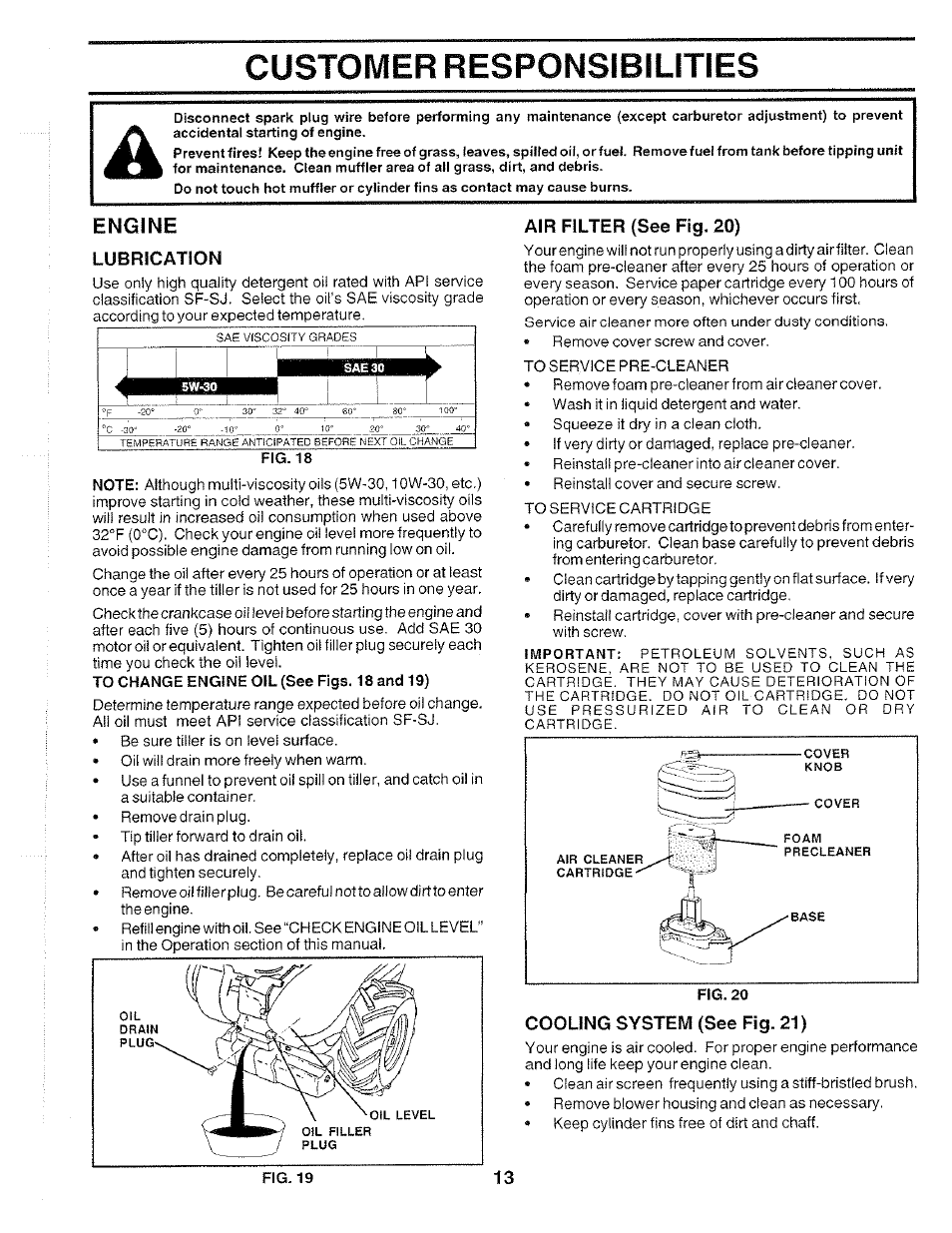 Engine, Lubrication, Air filter (see fig. 20) | Cooling system (see fig. 21), Customer responsibilities | Poulan 175668 User Manual | Page 13 / 28