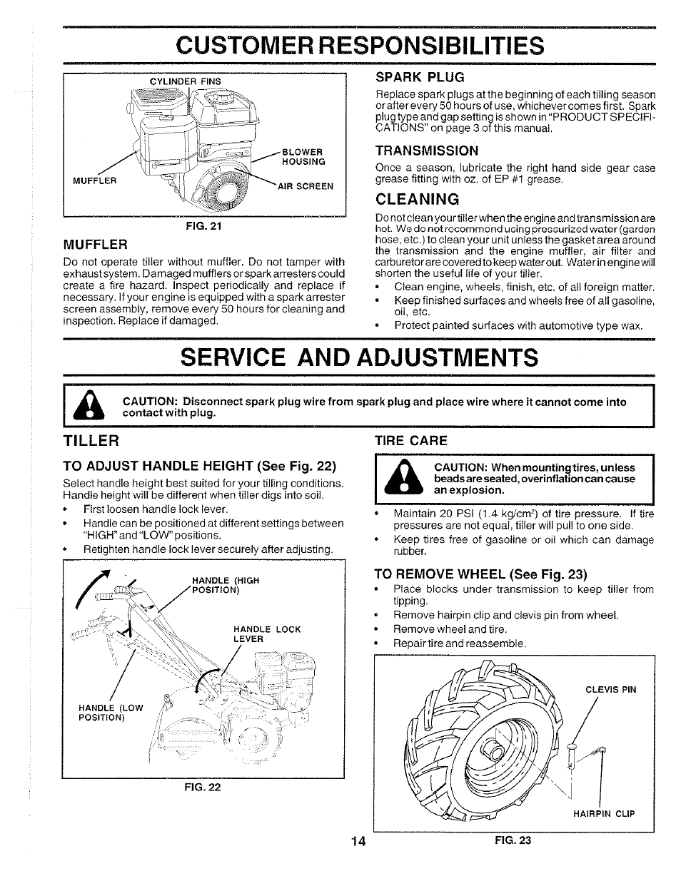 Muffler, Spark plug, Transmission | Cleaning, Service and adjustments, Tiller, To adjust handle height (see fig. 22), Tire care, To remove wheel (see fig. 23), Customer responsibilities | Poulan 175668 User Manual | Page 14 / 28