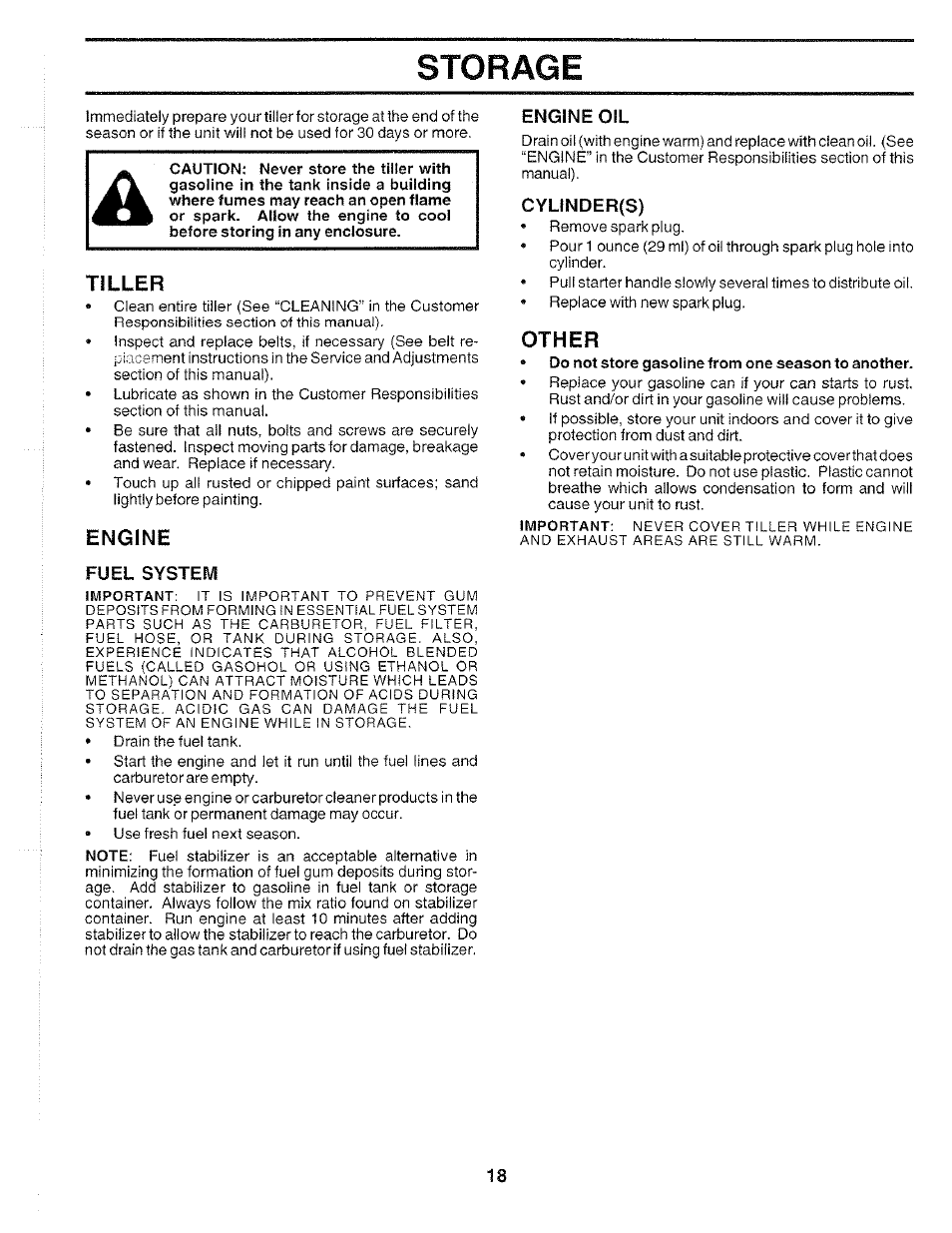 Ti ller, Engine, Fuel systefv | Engine oil, Cylinder(s), Other, Storage | Poulan 175668 User Manual | Page 18 / 28