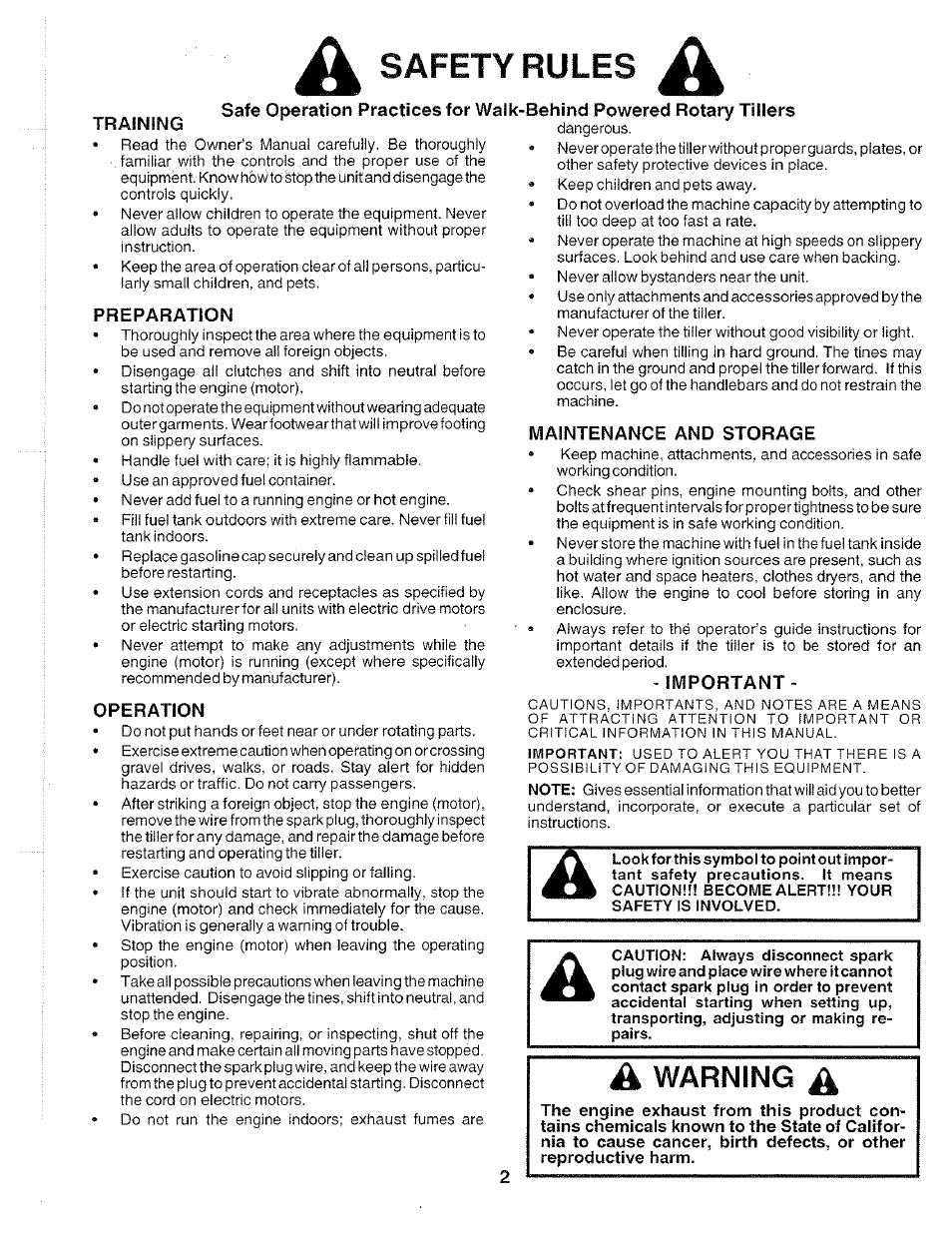 A safety rules, Behind powered rotary tillers, Maintenance and storage | Important, Safety rules | Poulan 175668 User Manual | Page 2 / 28