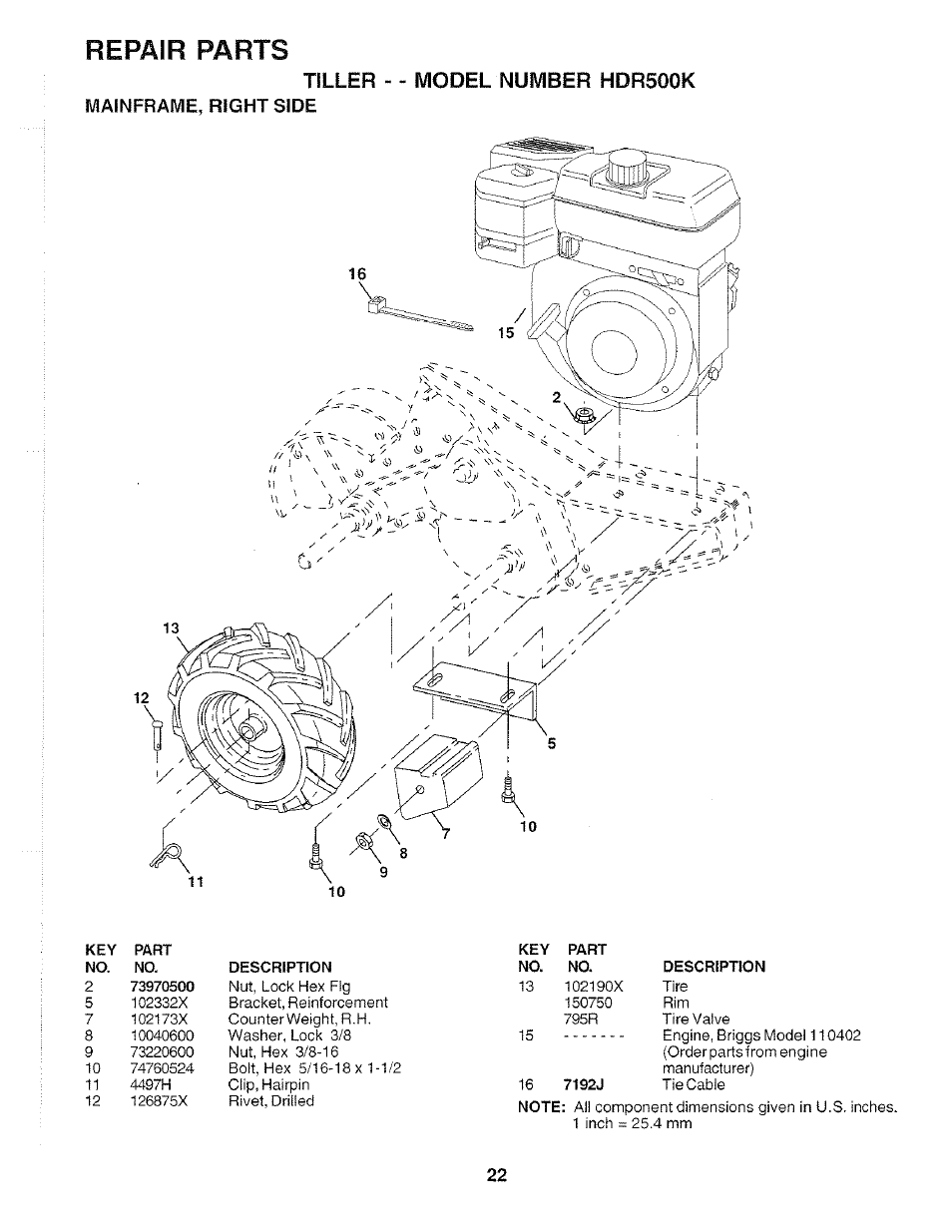 Tiller - - model number hdr500k, Mainframe, right side, Repair parts | Poulan 175668 User Manual | Page 22 / 28