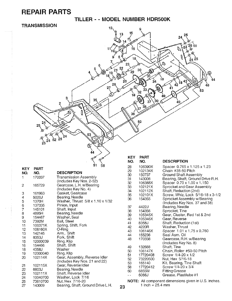 Repair parts, Tiller - - model number hdr500k, Transmission | Poulan 175668 User Manual | Page 23 / 28