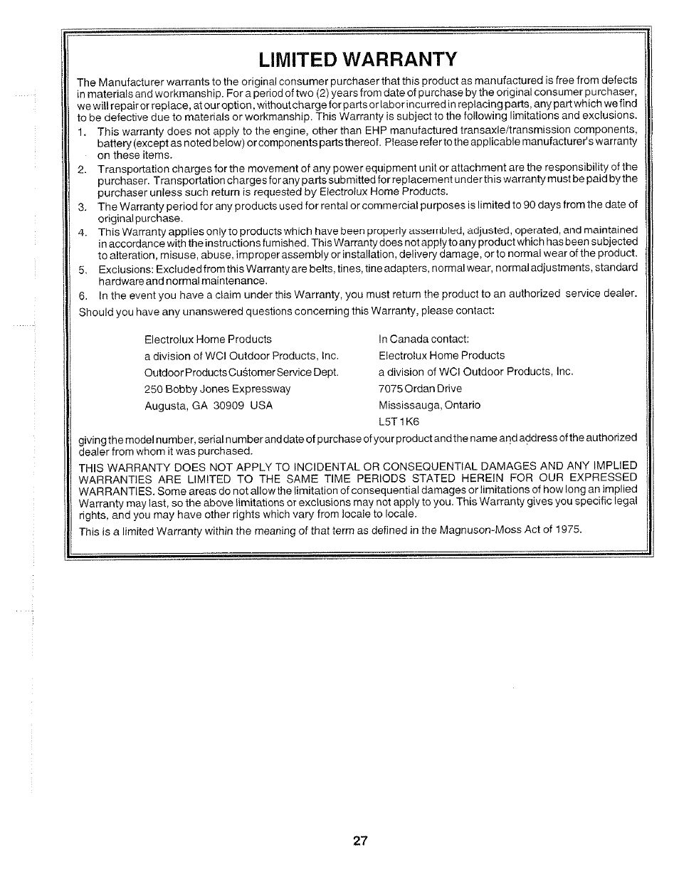 Limited, Warranty | Poulan 175668 User Manual | Page 27 / 28