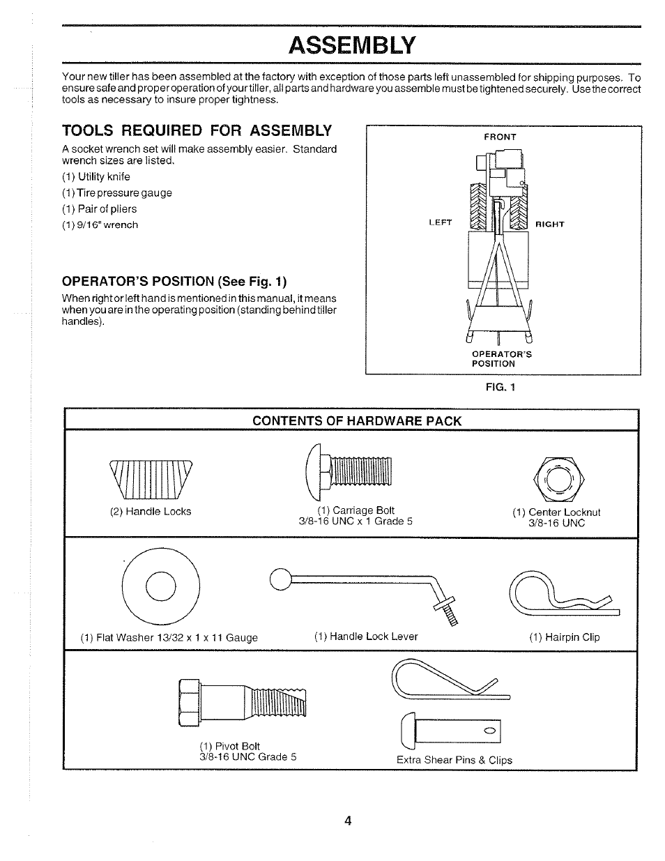 Tools required for assembly, Operator’s position (see fig. 1), Assembly | Poulan 175668 User Manual | Page 4 / 28