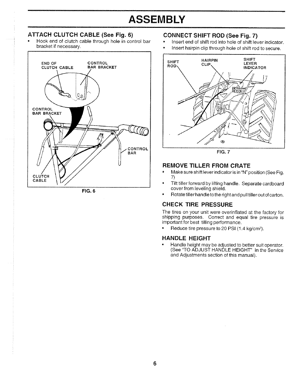 Connect shift rod (see fig. 7), Remove tiller from crate, Check tire pressure | Handle height, Assembly | Poulan 175668 User Manual | Page 6 / 28