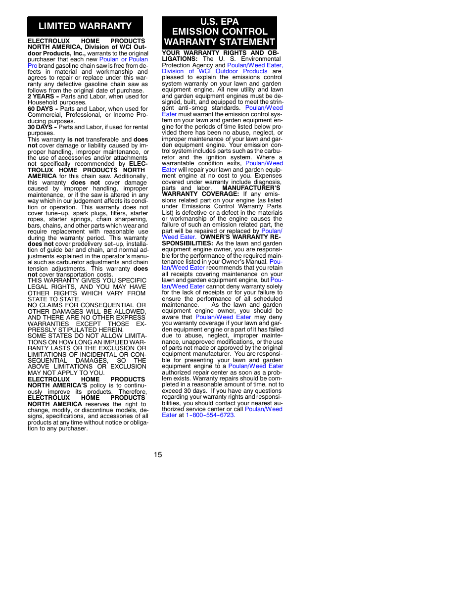 Limited warranty, U.s. epa emission control warranty statement | Poulan 530088788 User Manual | Page 15 / 16