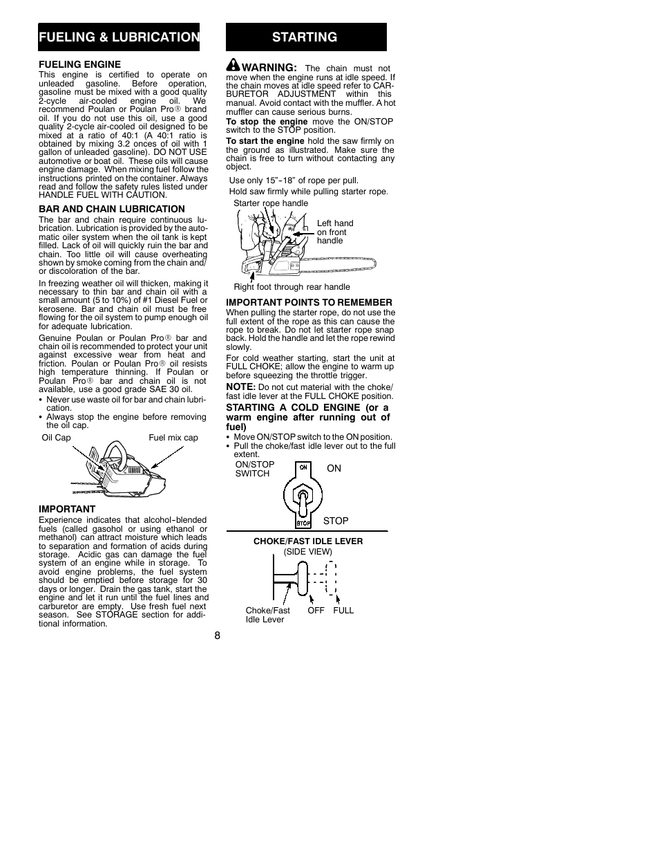 Fueling & lubrication, Starting | Poulan 530088788 User Manual | Page 8 / 16