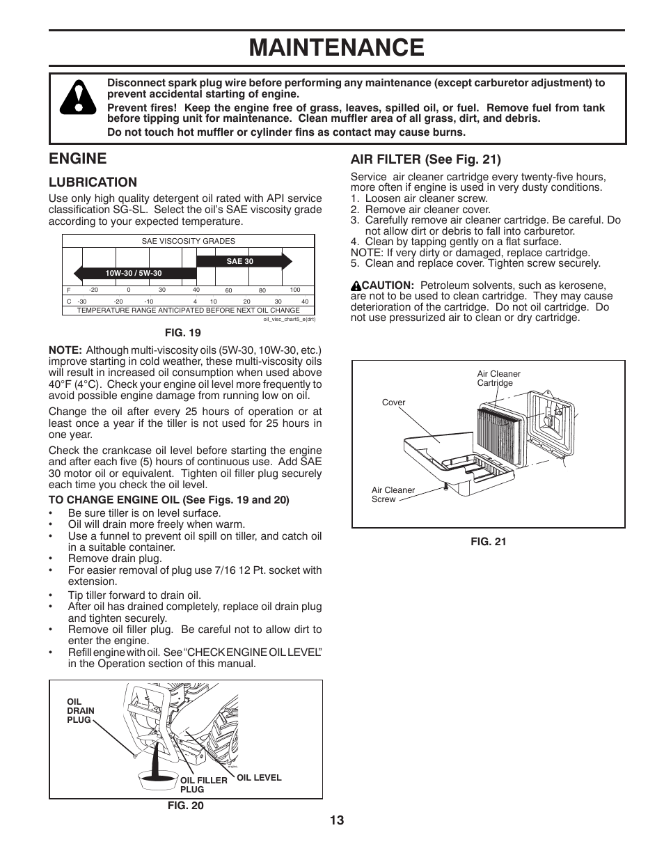 Maintenance, Engine, Lubrication | Air filter (see fig. 21) | Poulan DRT875 User Manual | Page 13 / 22