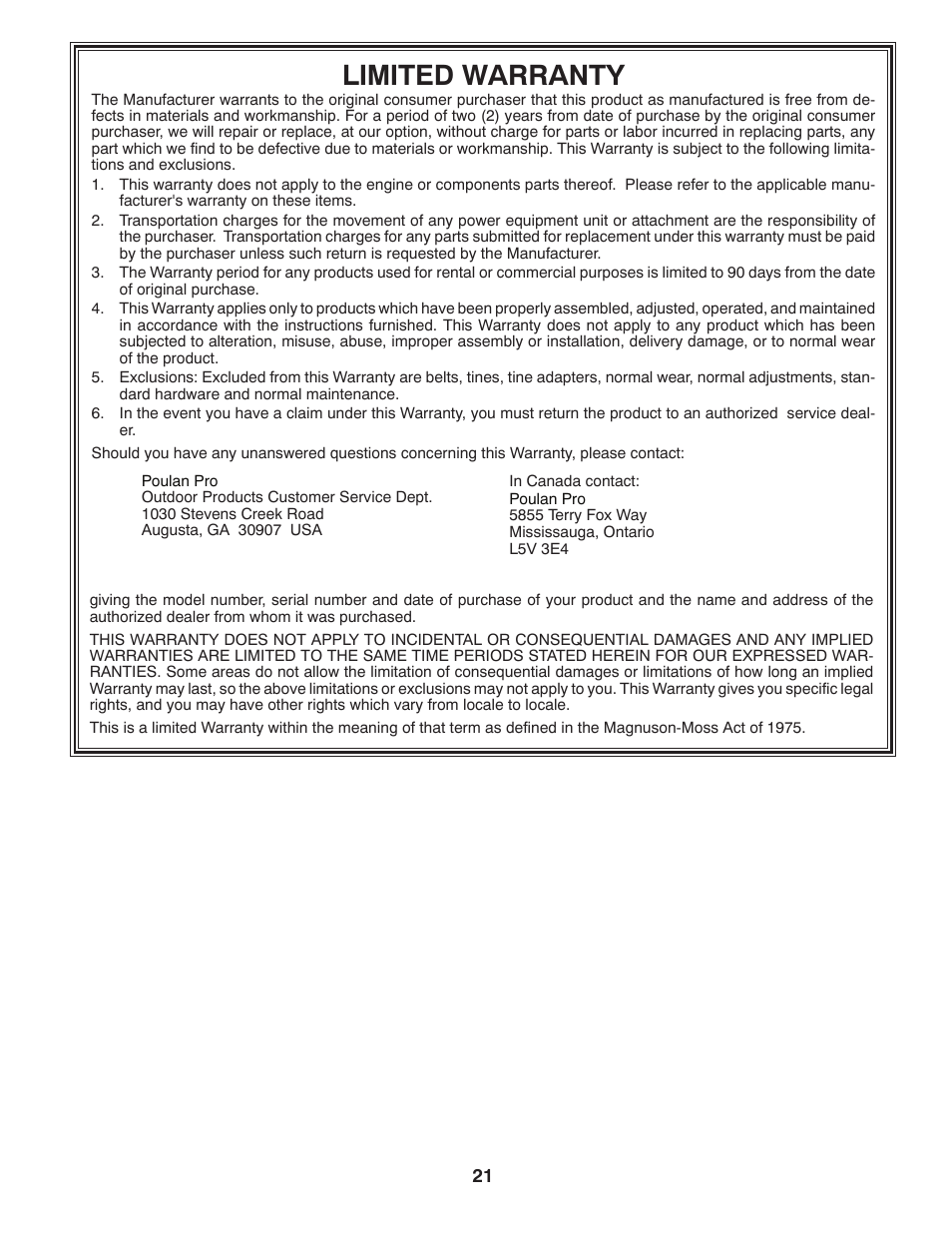 Limited warranty | Poulan DRT875 User Manual | Page 21 / 22