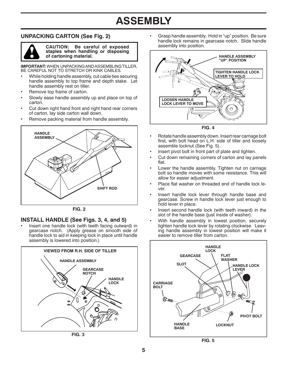 Assembly, Unpacking carton (see fig. 2), Install handle (see figs. 3, 4, and 5) | Poulan DRT875 User Manual | Page 5 / 22