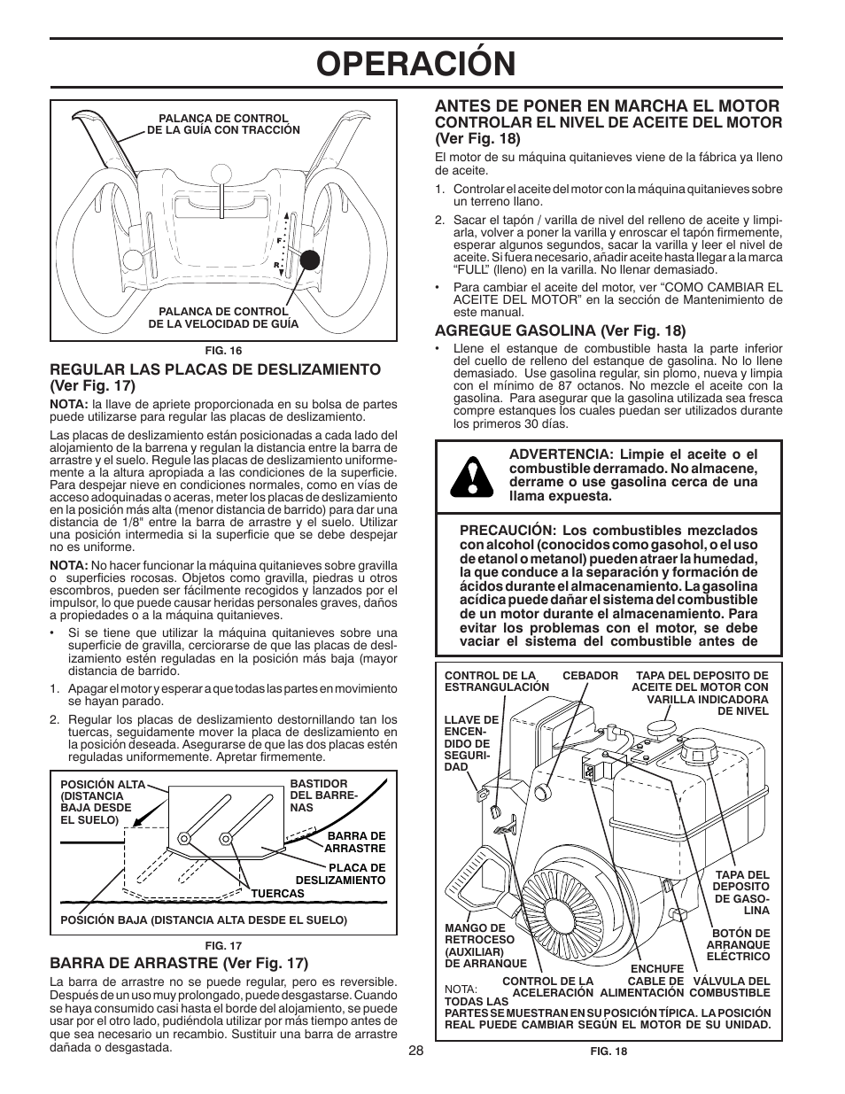 Operación, Antes de poner en marcha el motor | Poulan 96194000501 User Manual | Page 28 / 48