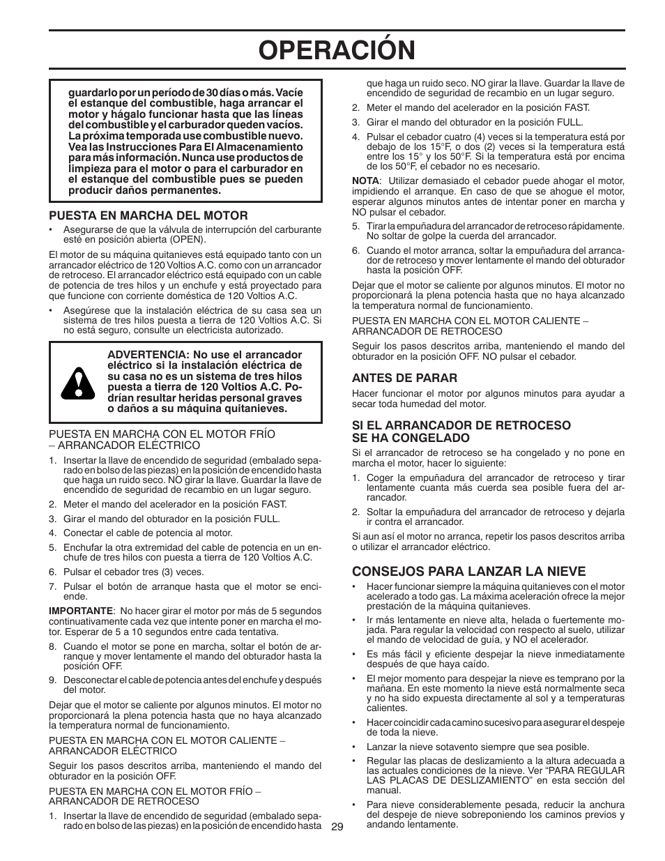 Operación, Consejos para lanzar la nieve | Poulan 96194000501 User Manual | Page 29 / 48