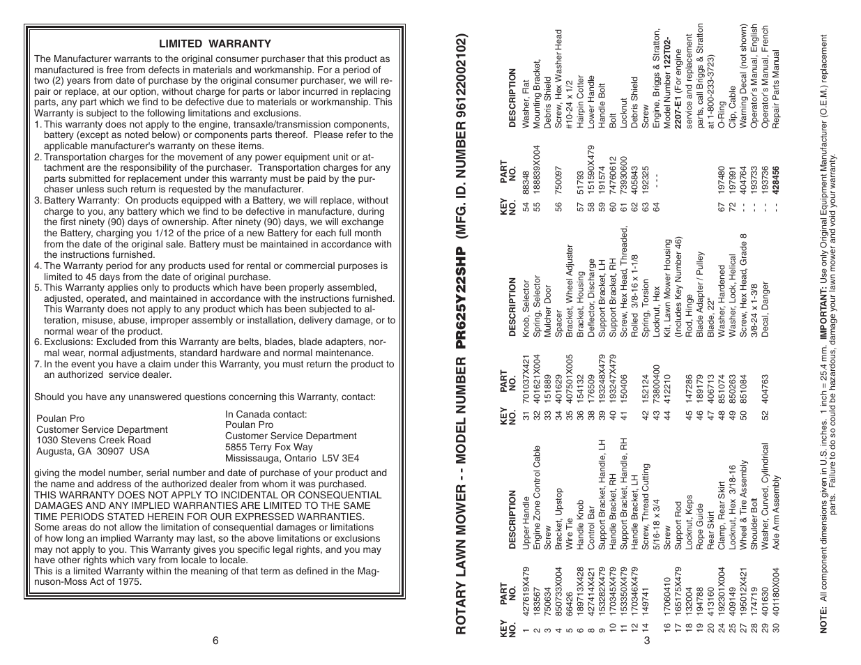 Poulan Pro Rotary Lawn Mower PR625Y22SHP User Manual | Page 3 / 4