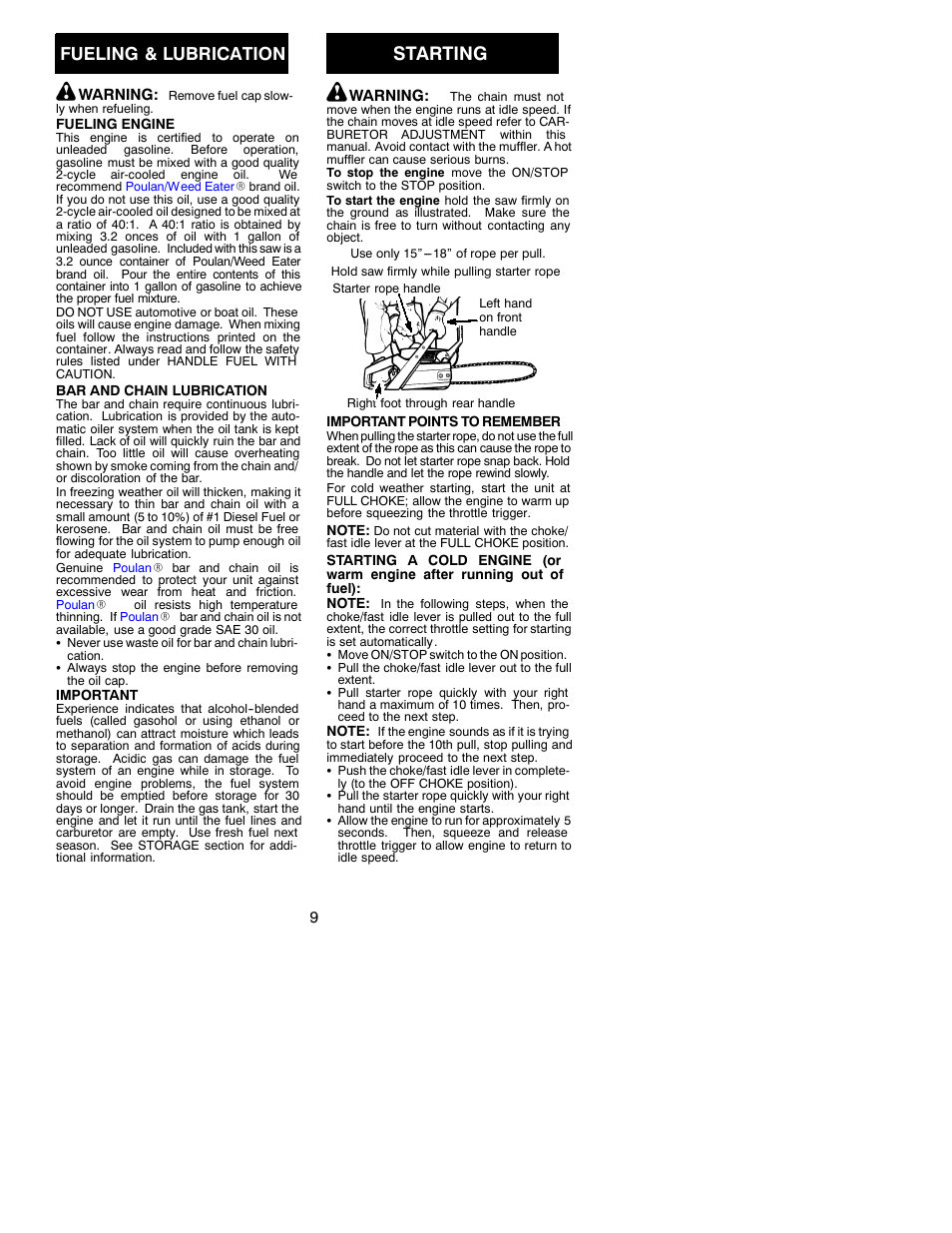 Starting, Fueling & lubrication | Poulan 2750 User Manual | Page 9 / 18