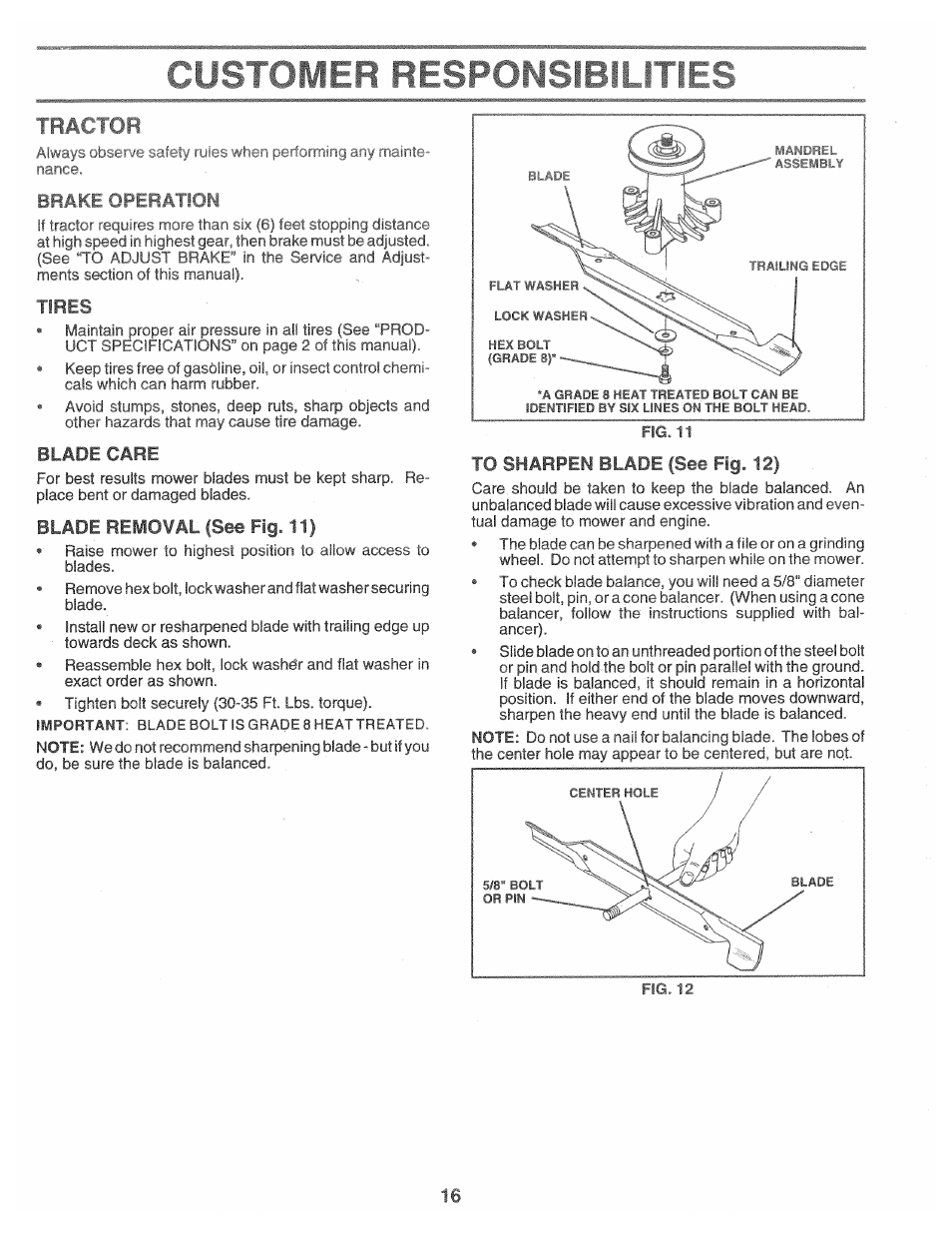Tractor, Tires, Blade care | Blade removal (see fig. 11), To sharpen blade (see fig. 12) | Poulan 157469 User Manual | Page 16 / 52