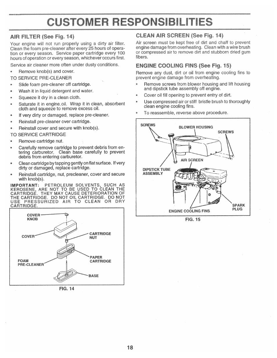 F [lter fsee fig. 14i, Cl : a.« ‘ifr scree- 1 - tu, Engine cooling fins (sec- hg. 15) | Poulan 157469 User Manual | Page 18 / 52