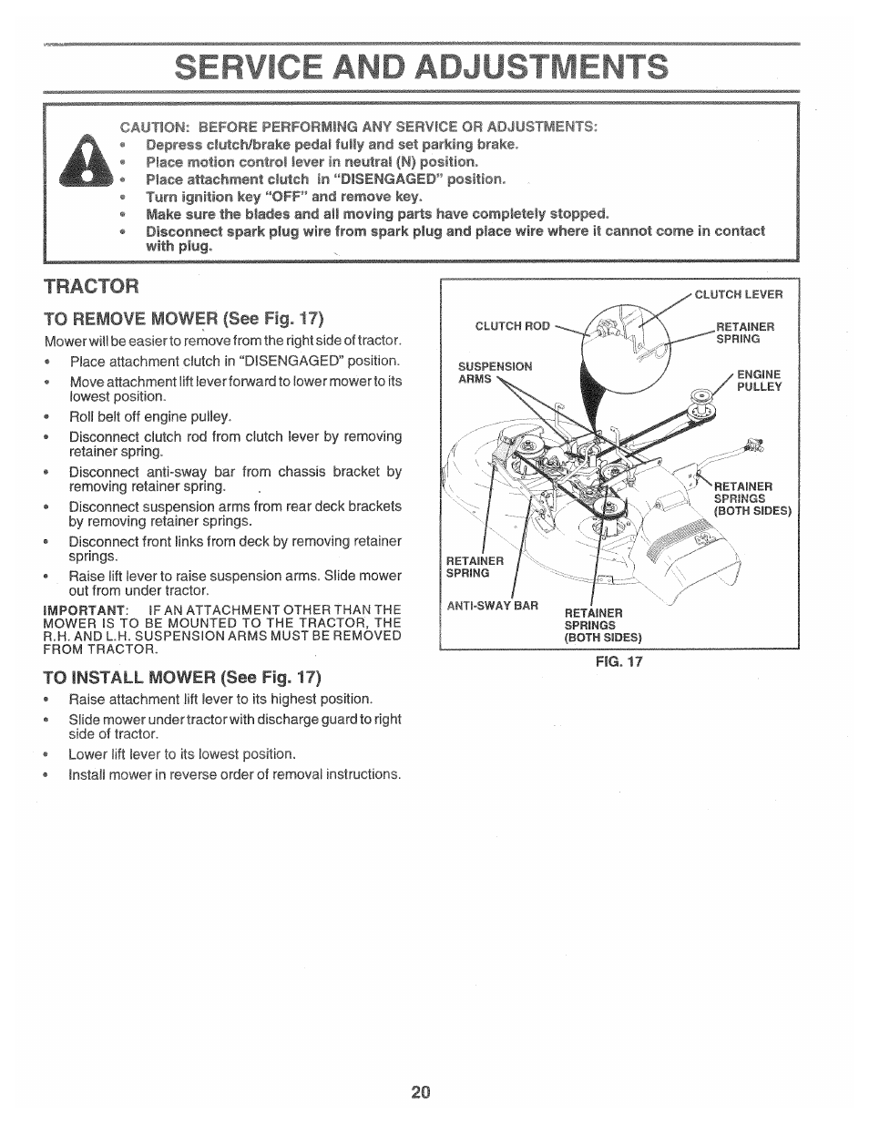 Tractor, To remove mower (see fig. 17), To install mower (see fig. 17) | Poulan 157469 User Manual | Page 20 / 52