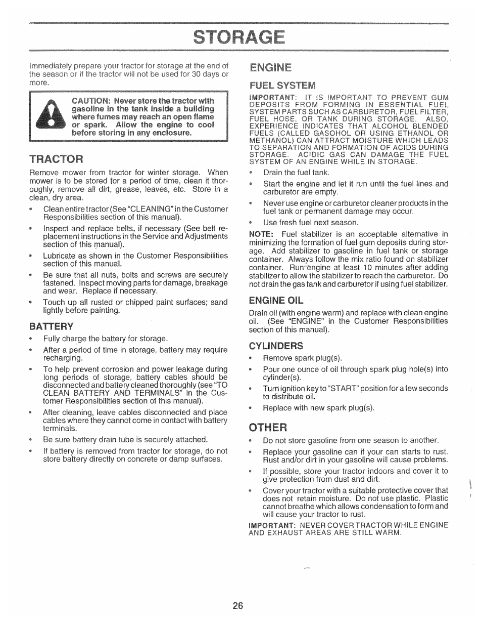 Tractor, Battery, Engirit | Fuel system, Engine oil, Cylinders, Other | Poulan 157469 User Manual | Page 26 / 52