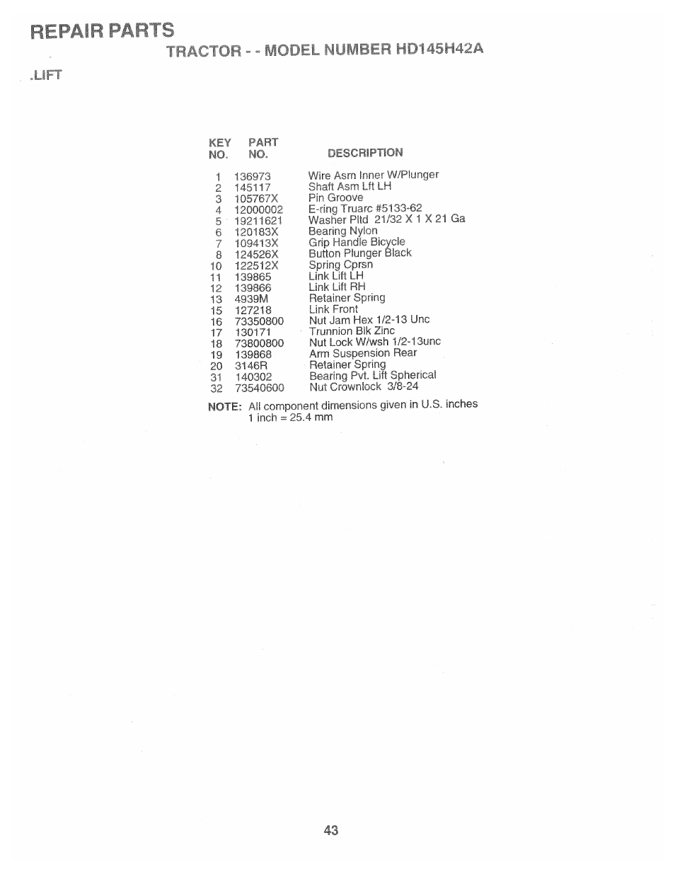 Repair parts, Lift | Poulan 157469 User Manual | Page 43 / 52