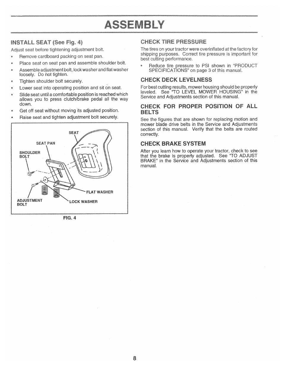 Check tire pressure, Check deck levelness, Check for proper position of all belts | Check brake system | Poulan 157469 User Manual | Page 8 / 52