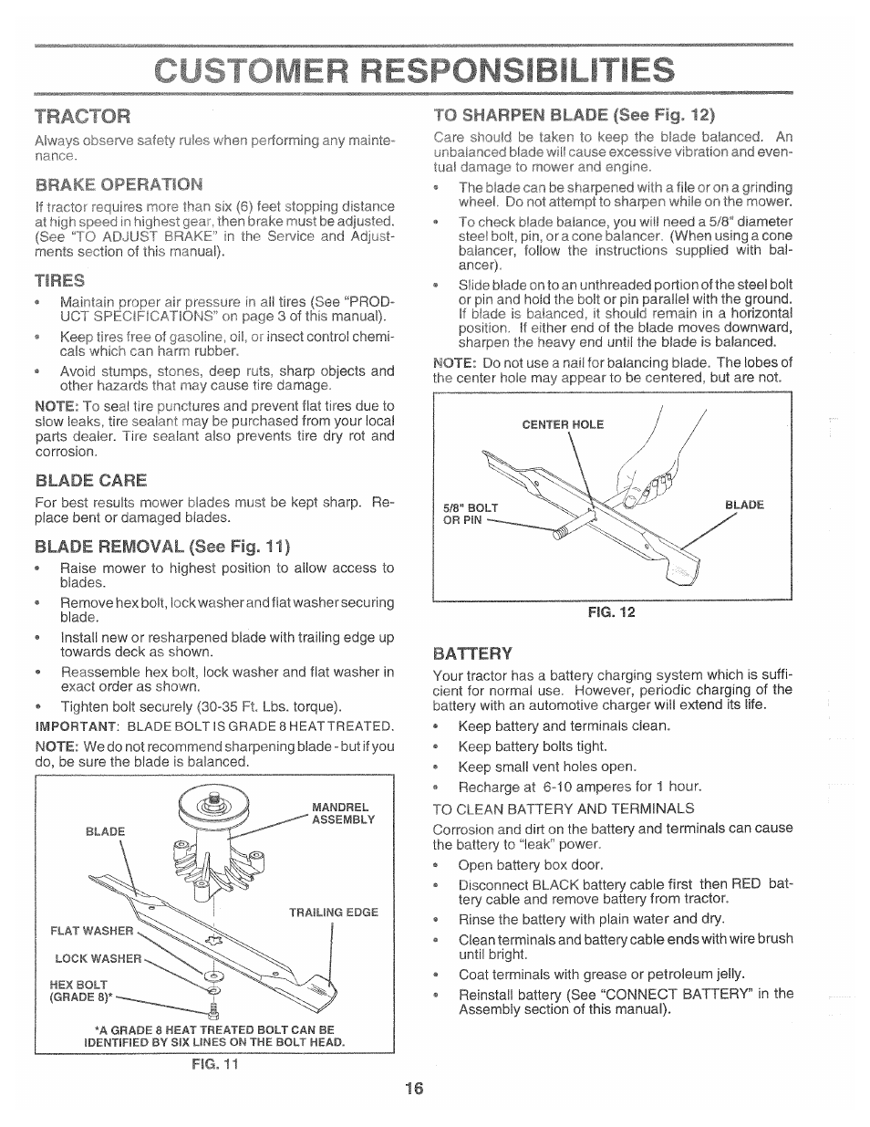 Blade care, Blade removal (see fig. 11), F , |7 f-|>r | Battery, 1 1 m f, Trac tor, Operation, Iil( nu h, Man li, Ni'i; ‘t | Poulan 161491 User Manual | Page 16 / 52