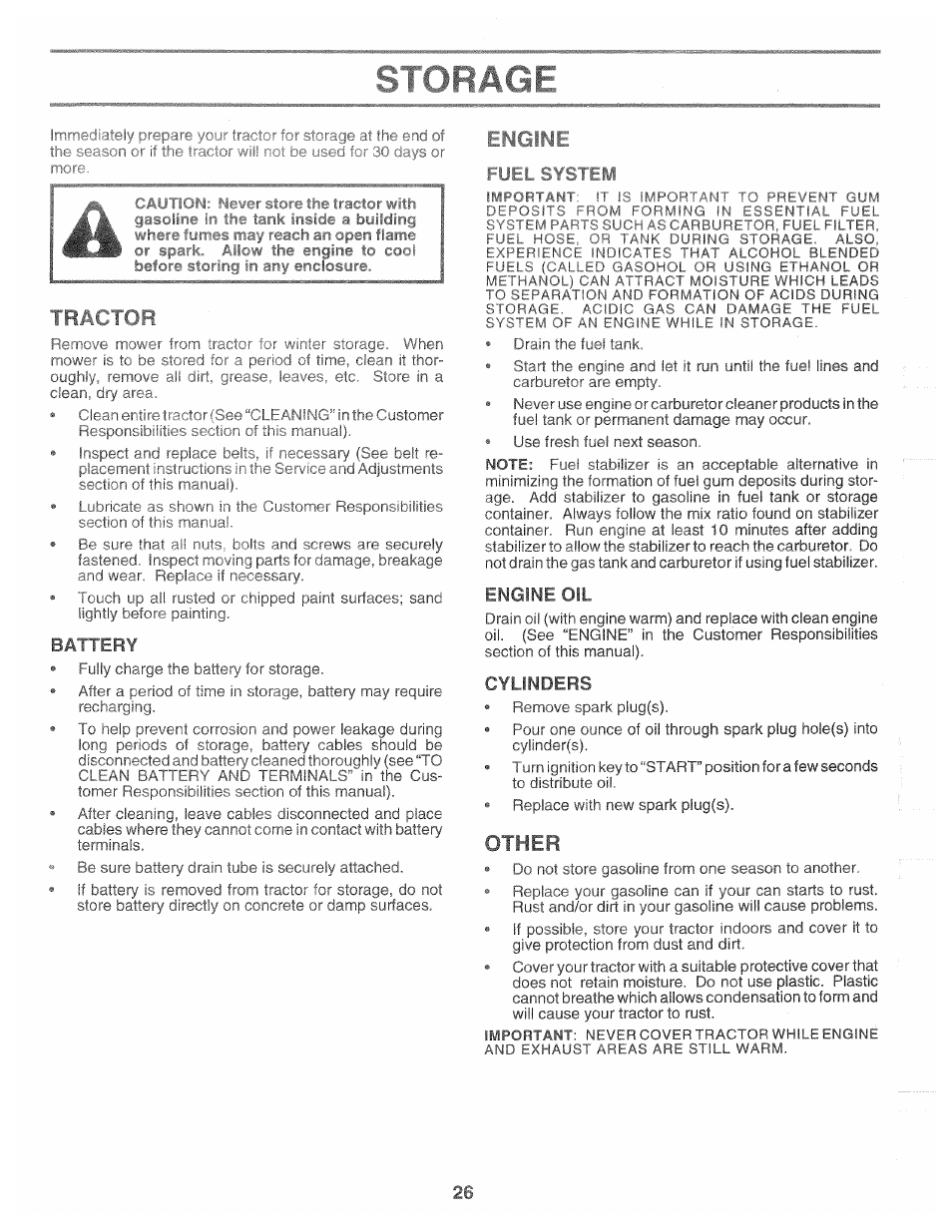 Battery, Fuel system, Engine oil | Cylinders, Other, Engine oil ,17, Remov’e mower from, Racto, Or win, Mower is to be | Poulan 161491 User Manual | Page 26 / 52