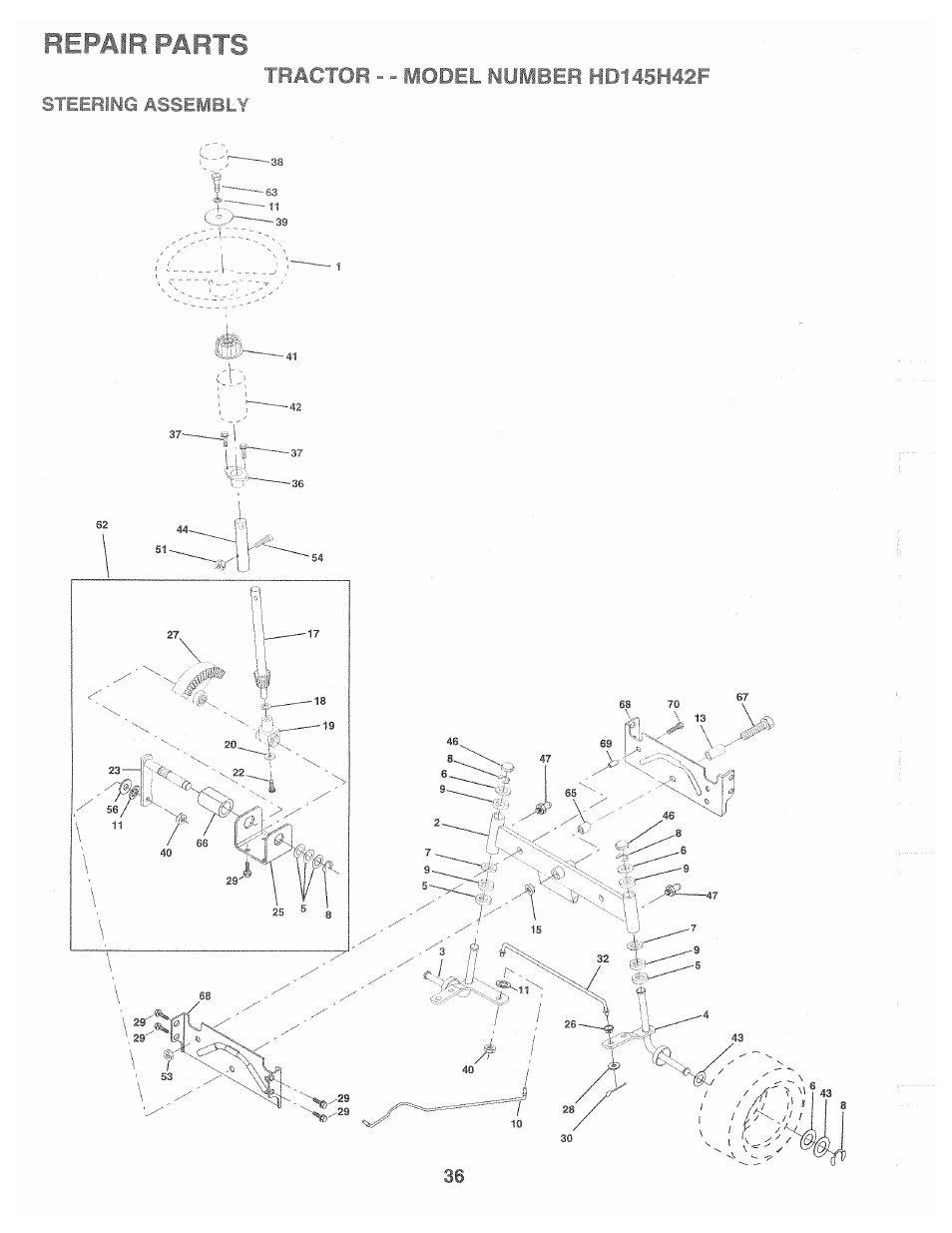 Steering assembly, Model number hd145h42f, Repair parts | Model number | Poulan 161491 User Manual | Page 36 / 52