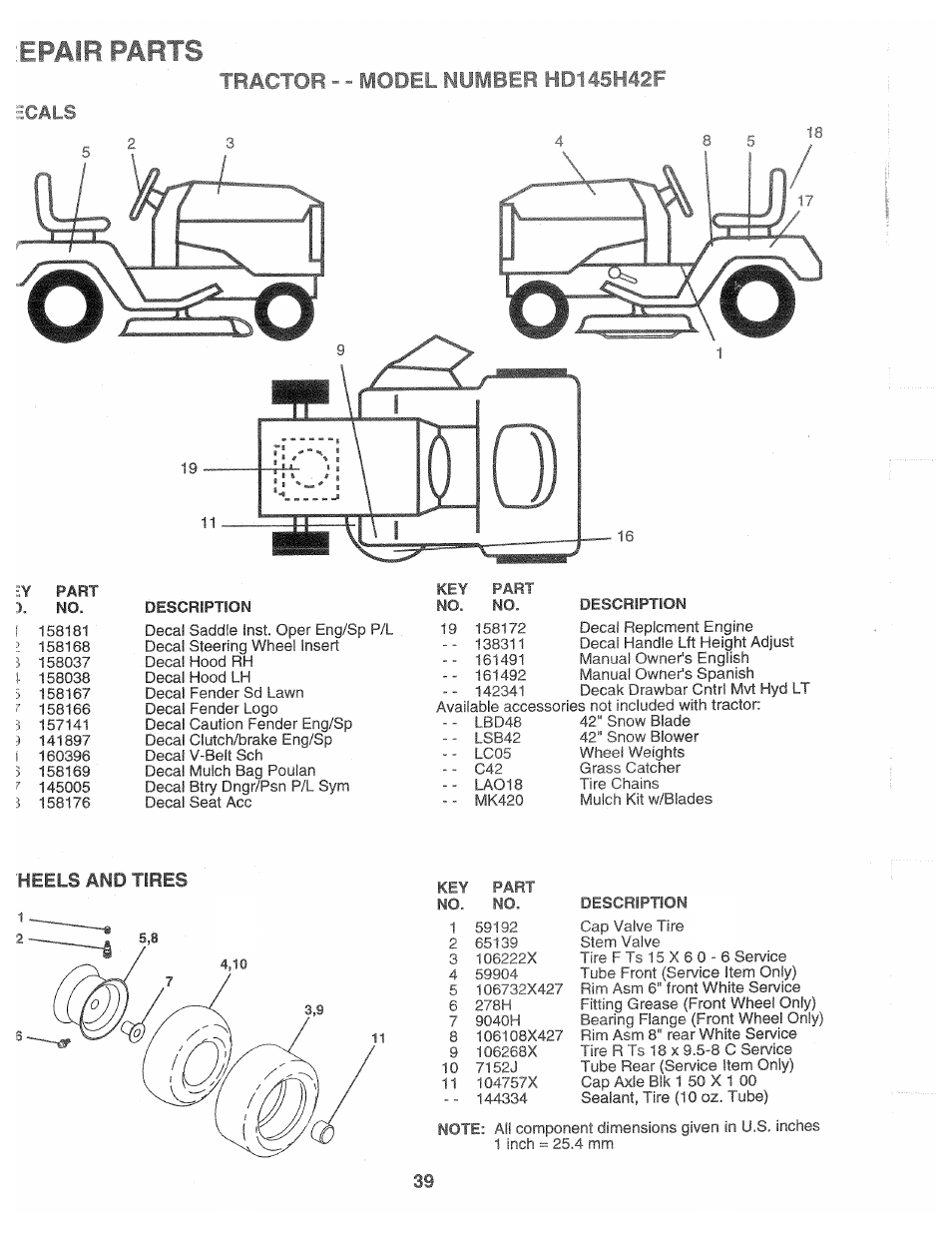 Icals, Heels and tires, Epair parts | Tractor - - model numlfl ic | Poulan 161491 User Manual | Page 39 / 52