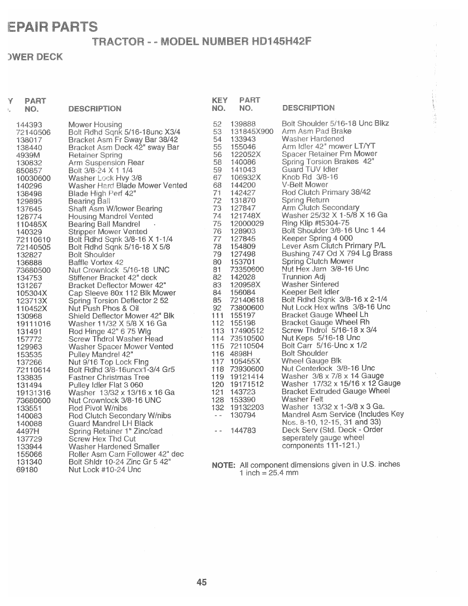 Epair parts, Wer deck | Poulan 161491 User Manual | Page 45 / 52