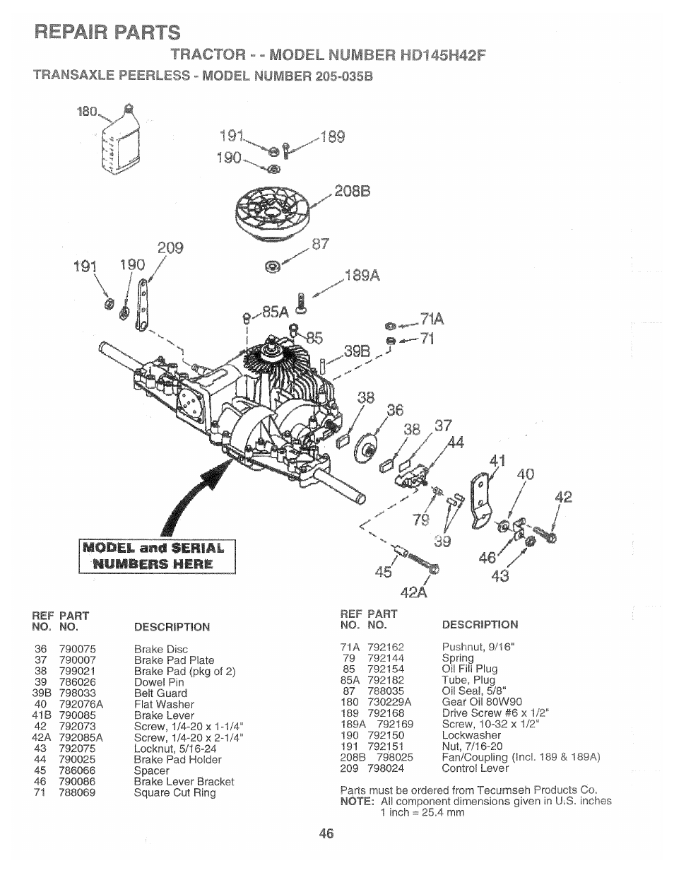 Repair parts, Lax'sx^ xherless - model number 205-035b, Model and serial ^numbers here | Fx, 46v, L . .> {fei' hk n í. -j j42f | Poulan 161491 User Manual | Page 46 / 52