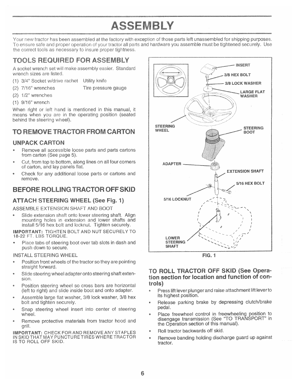 Required for assembo, Icbriiiwl i rac ror from carton, Unpack carton | Before boiling *“hactor off skid, Attach steering wheel (see fig. 1) | Poulan 161491 User Manual | Page 6 / 52