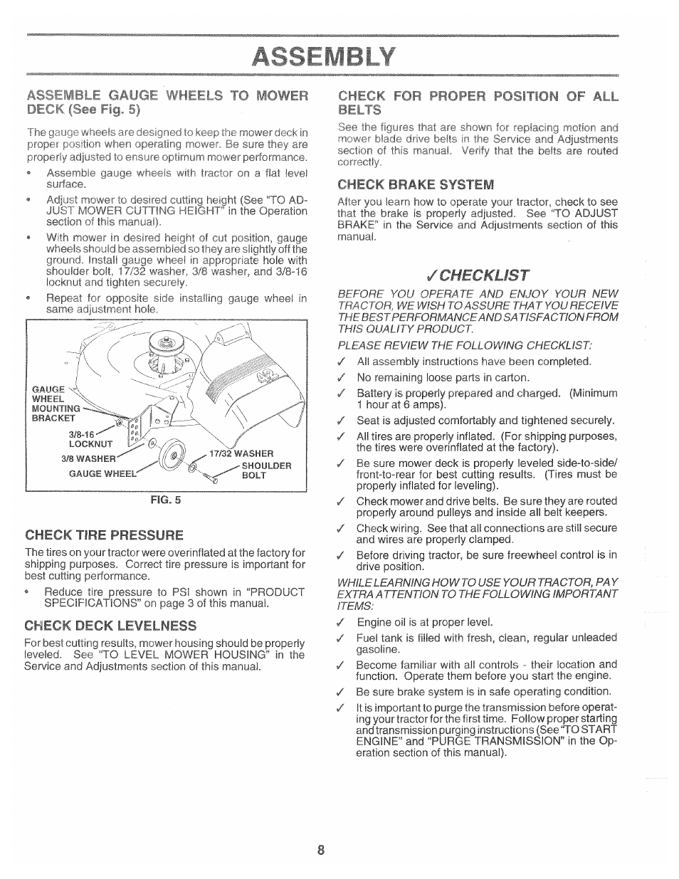 Check tire pressure, Check deck levelness, Belts | Fheck brakt system | Poulan 161491 User Manual | Page 8 / 52