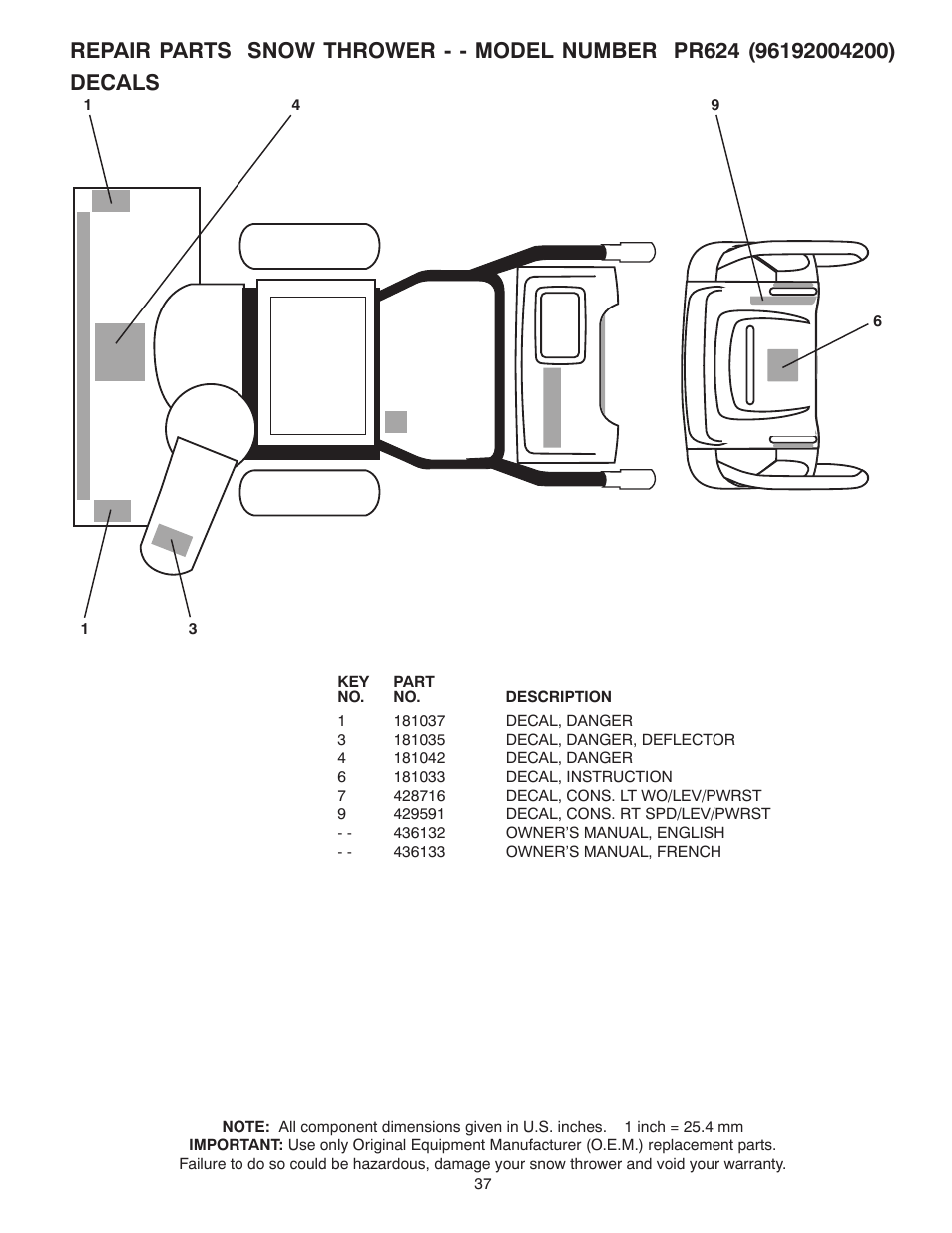 Decals | Poulan 96192004200 User Manual | Page 37 / 40