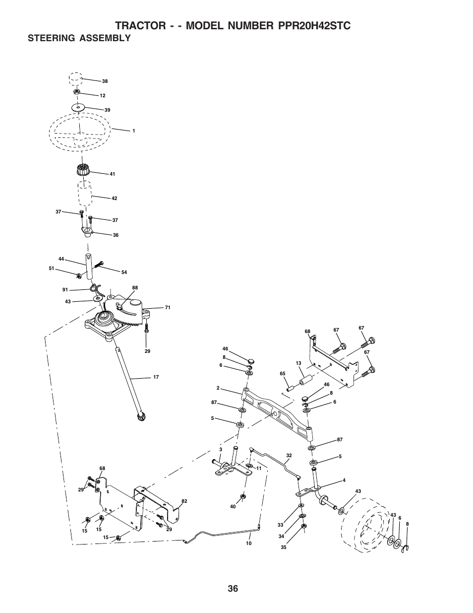 Tractor - - model number ppr20h42stc, Steering assembly | Poulan 183397 User Manual | Page 36 / 48