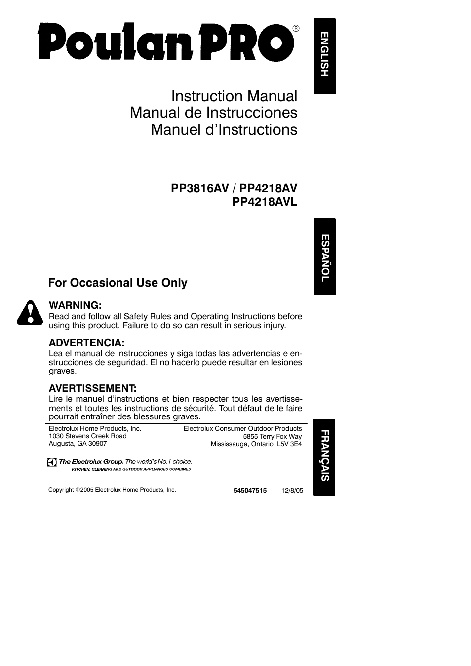 Poulan Pro PP3816AV User Manual | 19 pages