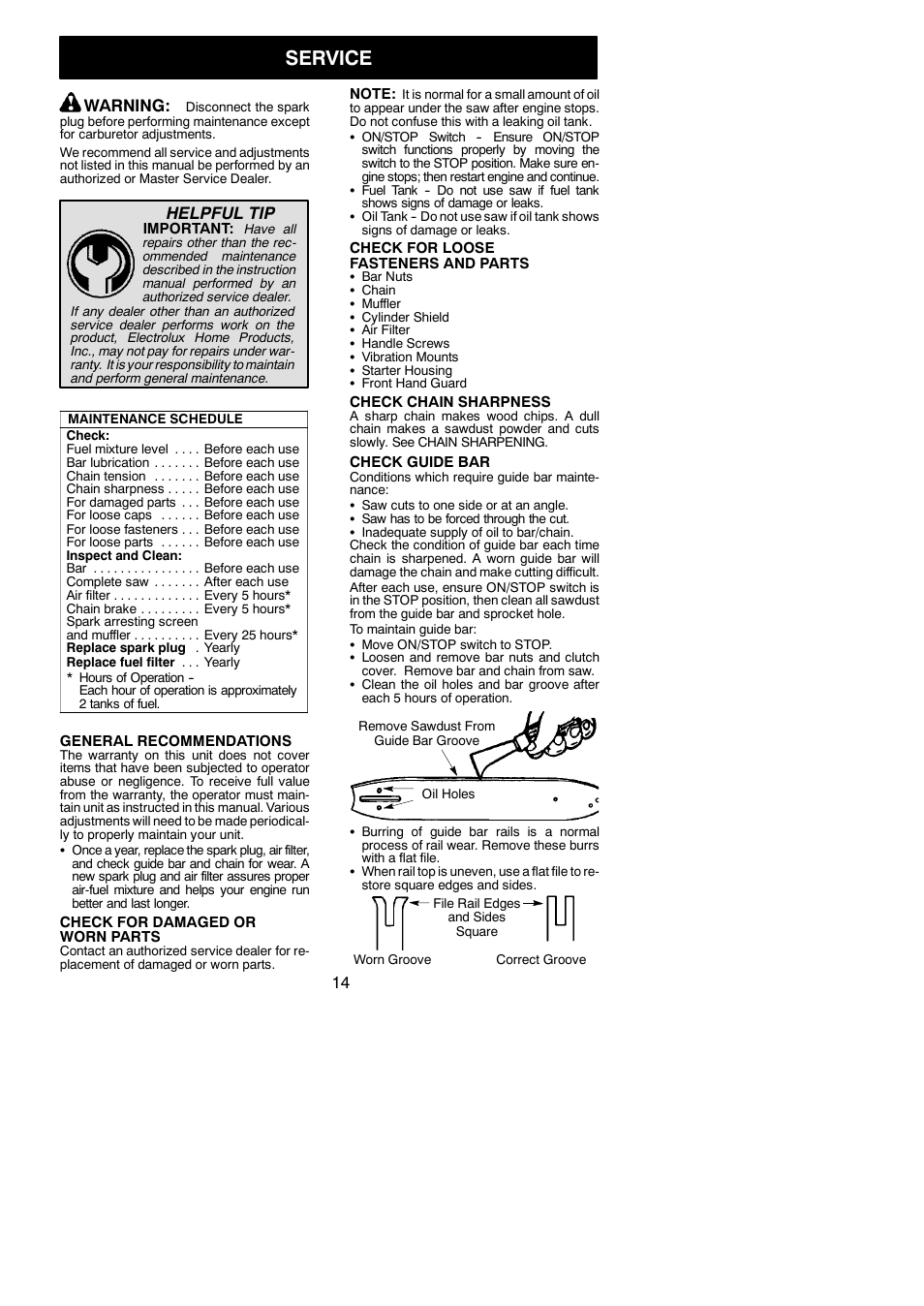 Service, Warning, Helpful tip | Poulan Pro PP3816 AV User Manual | Page 14 / 19