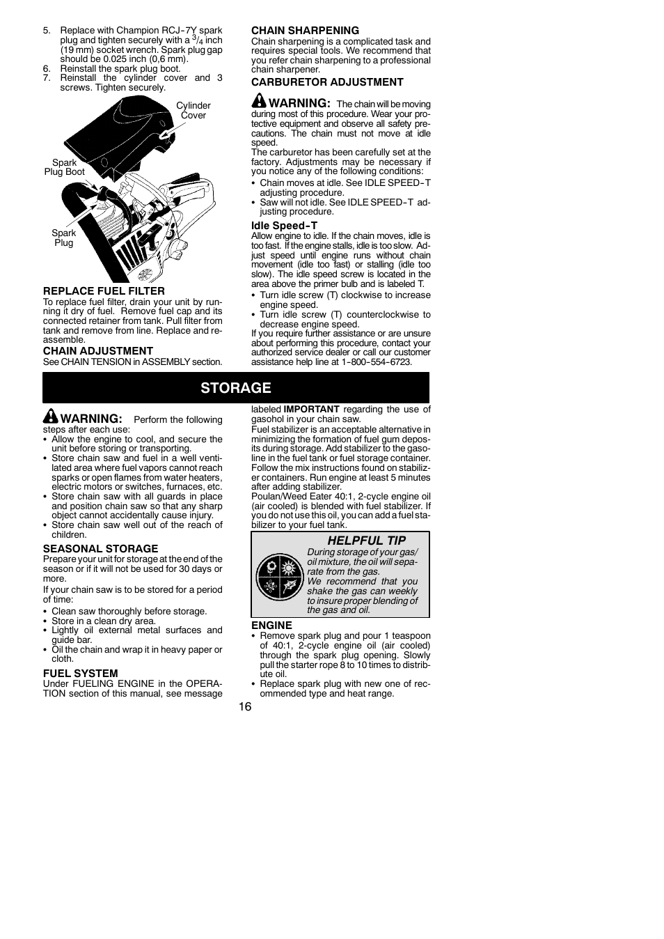Storage, Warning, Helpful tip | Poulan Pro PP3816 AV User Manual | Page 16 / 19