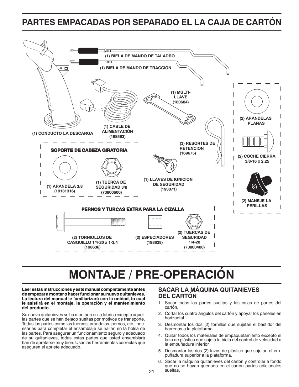 Montaje / pre-operación, Partes empacadas por separado el la caja de cartón, Sacar la máquina quitanieves del cartón | Poulan 96194000504 User Manual | Page 21 / 56