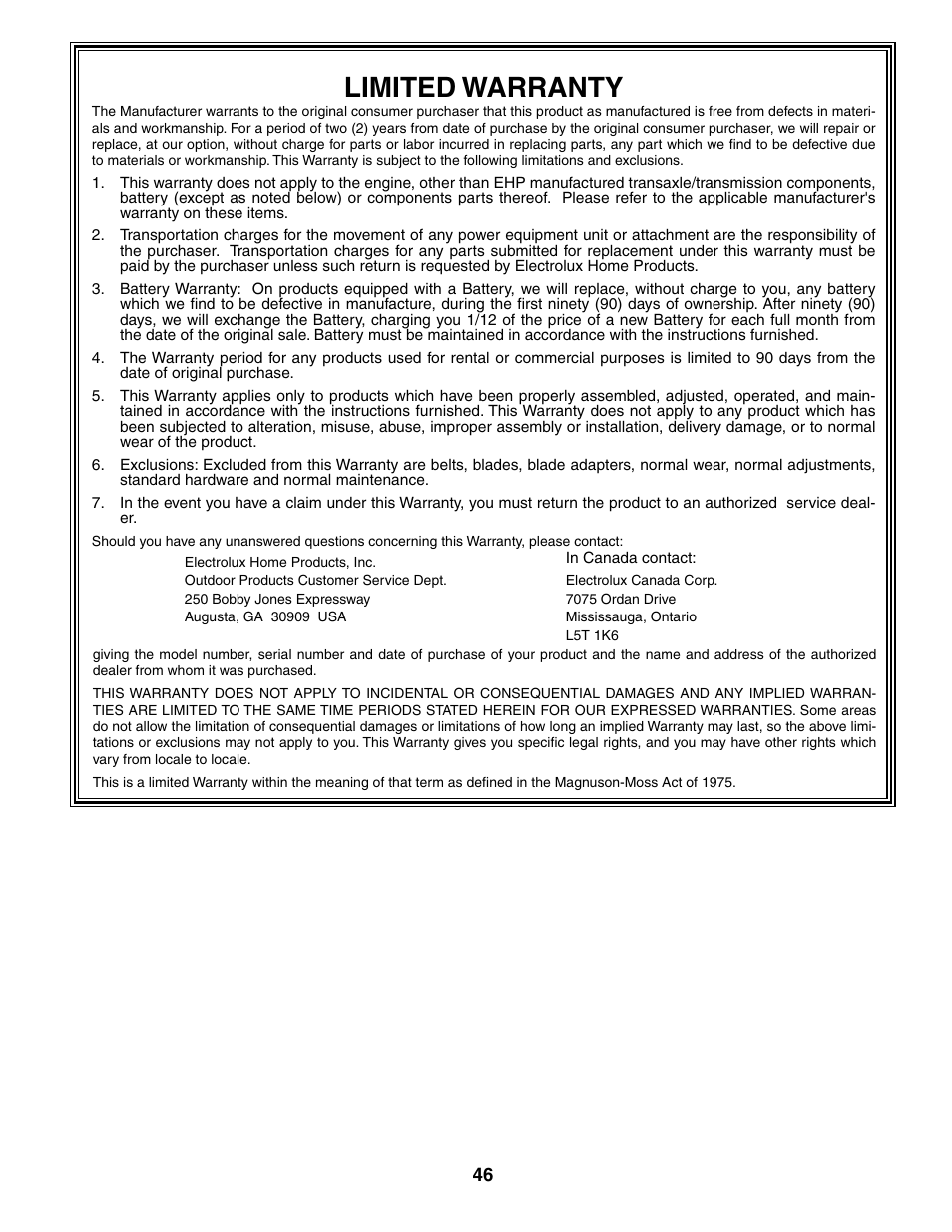 Limited warranty | Poulan 173411 User Manual | Page 46 / 48