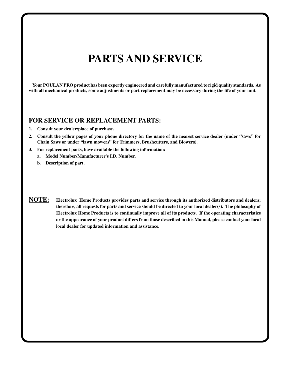 Parts and service, For service or replacement parts | Poulan 173411 User Manual | Page 48 / 48