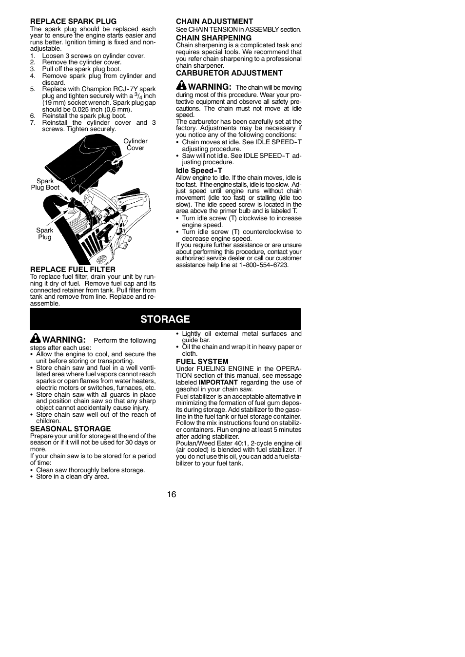 Storage, Warning | Poulan PP3816 AV User Manual | Page 16 / 19