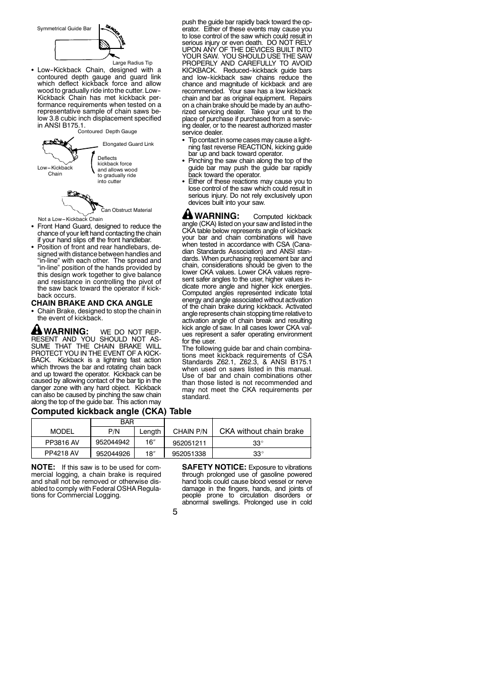 Warning, Computed kickback angle (cka) table | Poulan PP3816 AV User Manual | Page 5 / 19