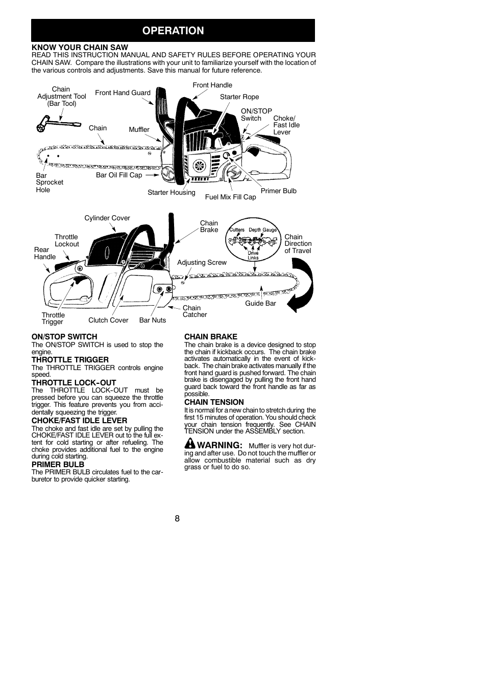 Operation, Warning | Poulan PP3816 AV User Manual | Page 8 / 19