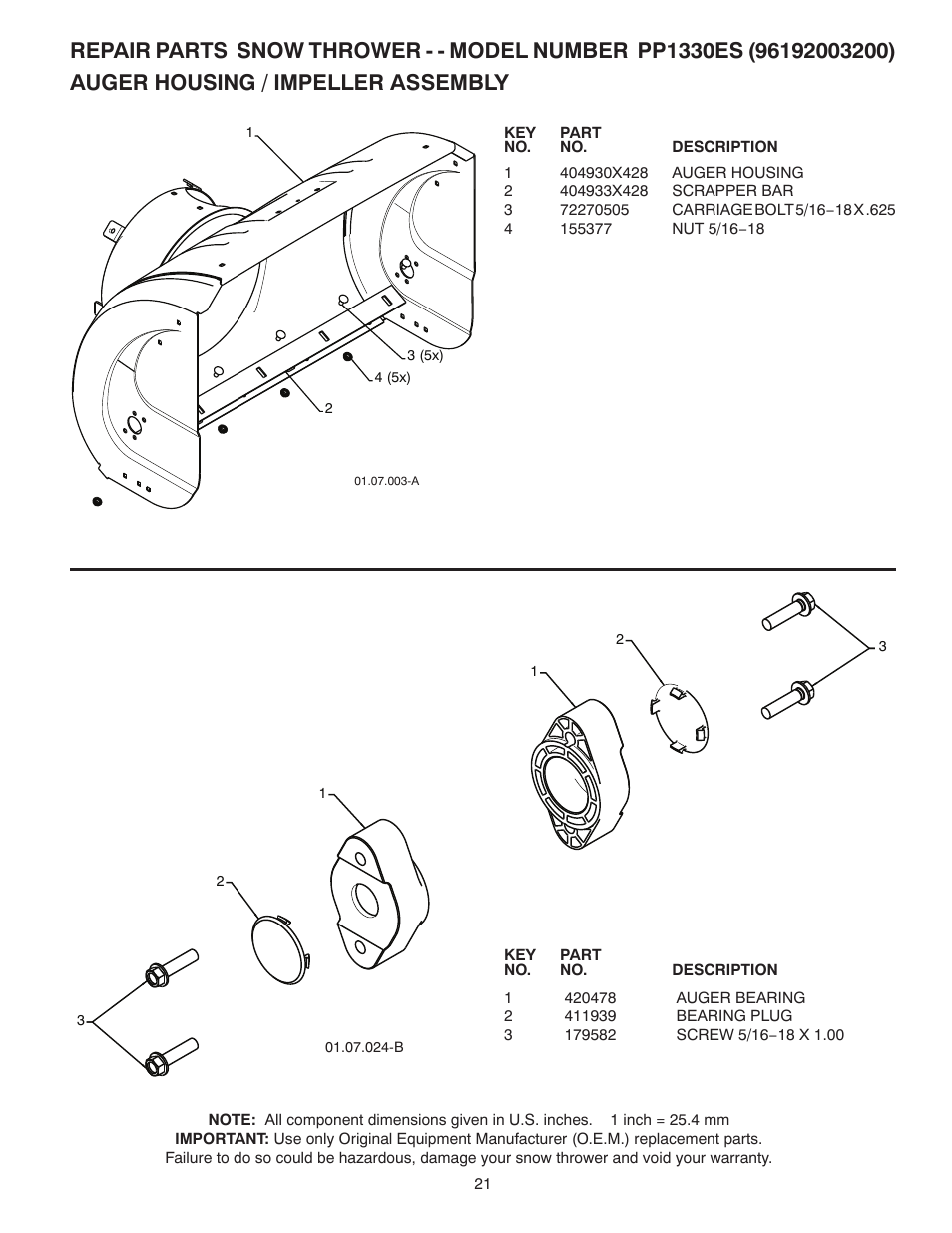Repair parts, Auger housing / impeller assembly | Poulan 96192003200 User Manual | Page 21 / 40