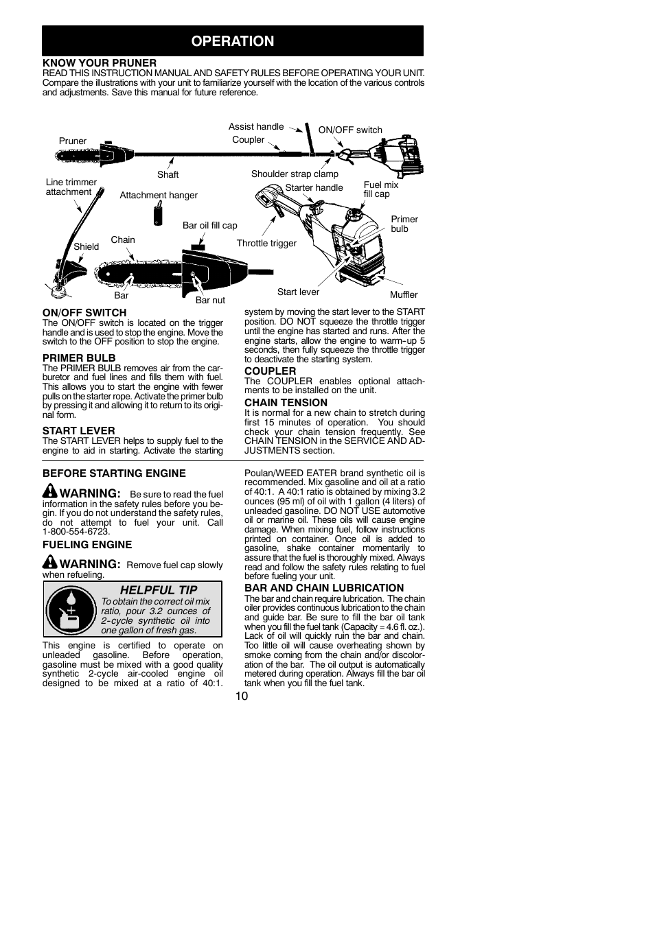 Operation, Warning, Helpful tip | Poulan Pro PP46ET User Manual | Page 10 / 21