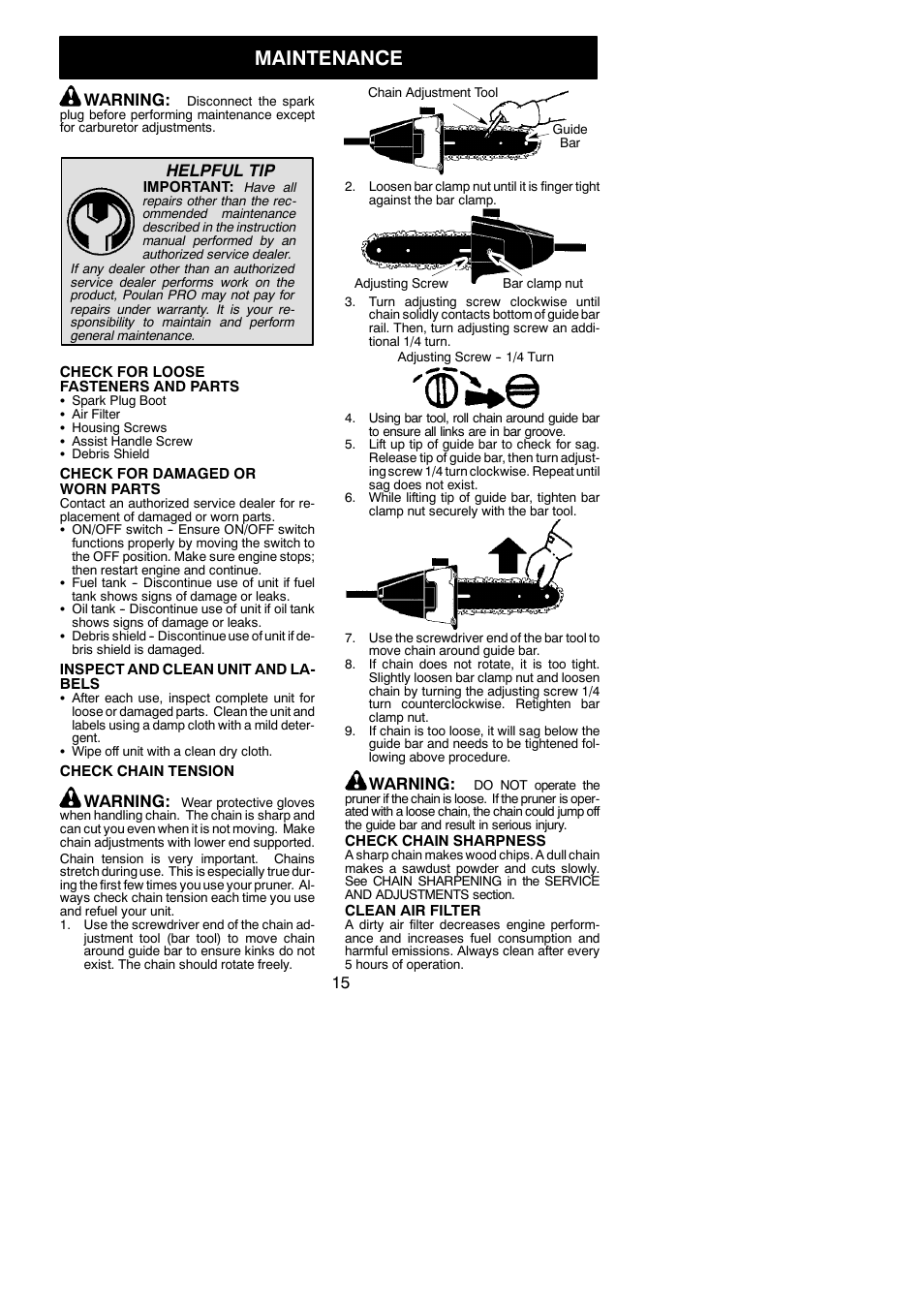 Maintenance, Warning, Helpful tip | Poulan Pro PP46ET User Manual | Page 15 / 21