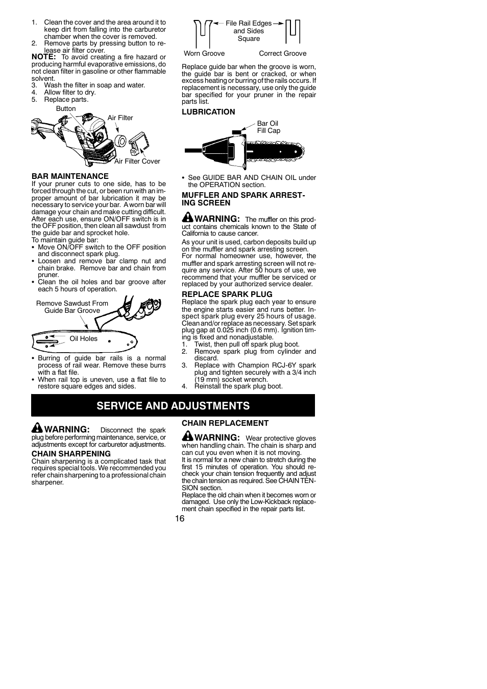 Service and adjustments, Warning | Poulan Pro PP46ET User Manual | Page 16 / 21