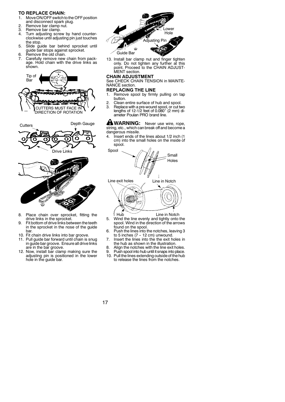 Warning | Poulan Pro PP46ET User Manual | Page 17 / 21