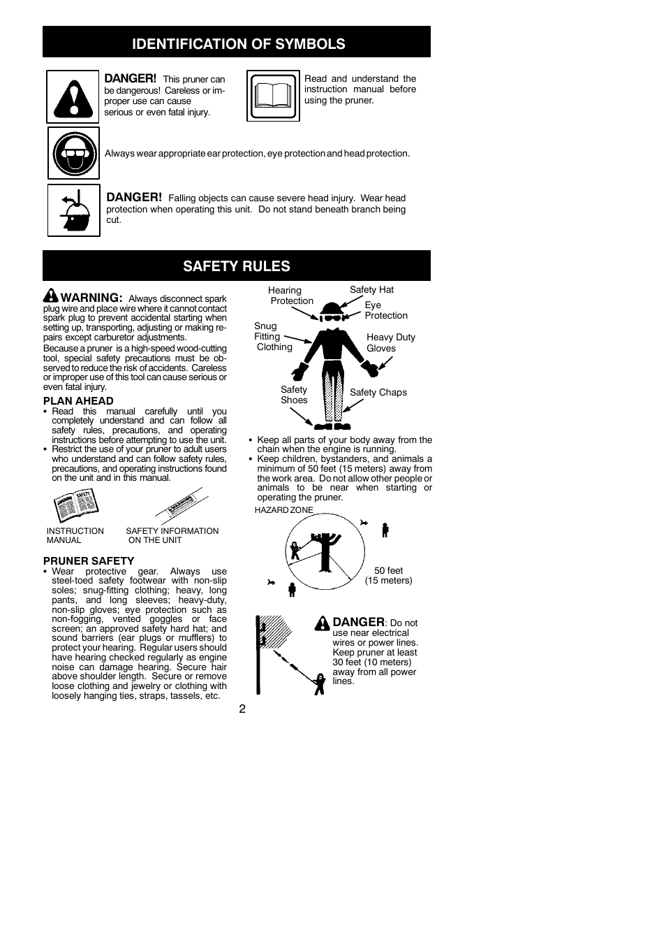 Identification of symbols, Safety rules, Danger | Warning | Poulan Pro PP46ET User Manual | Page 2 / 21