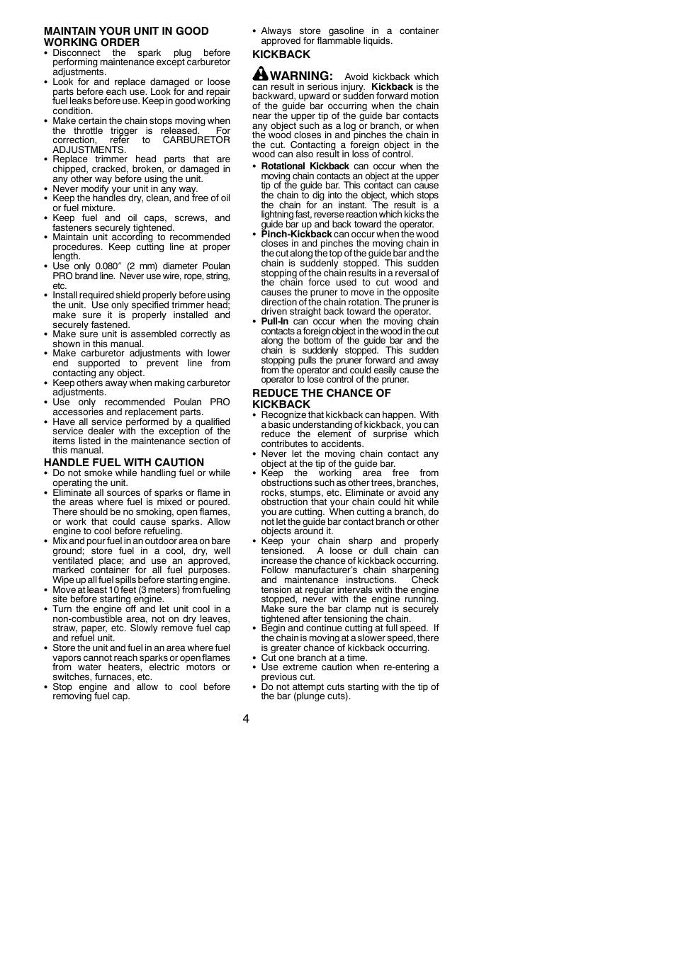 Warning | Poulan Pro PP46ET User Manual | Page 4 / 21